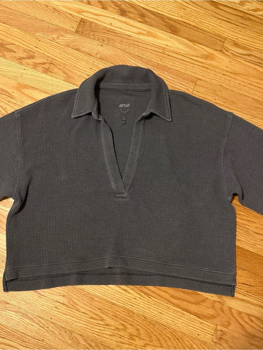 aerie Charcoal V-Neck Knit Polo Sweater